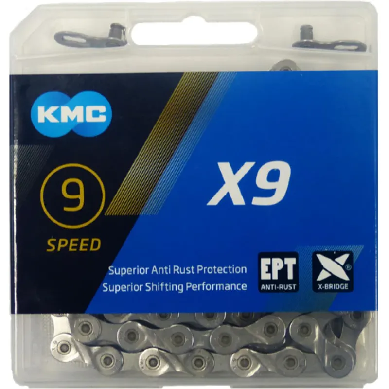 KMC X9 EPT 9s Kette 114 Glieder silber - langlebige 9-fach Fahrradkette Echt