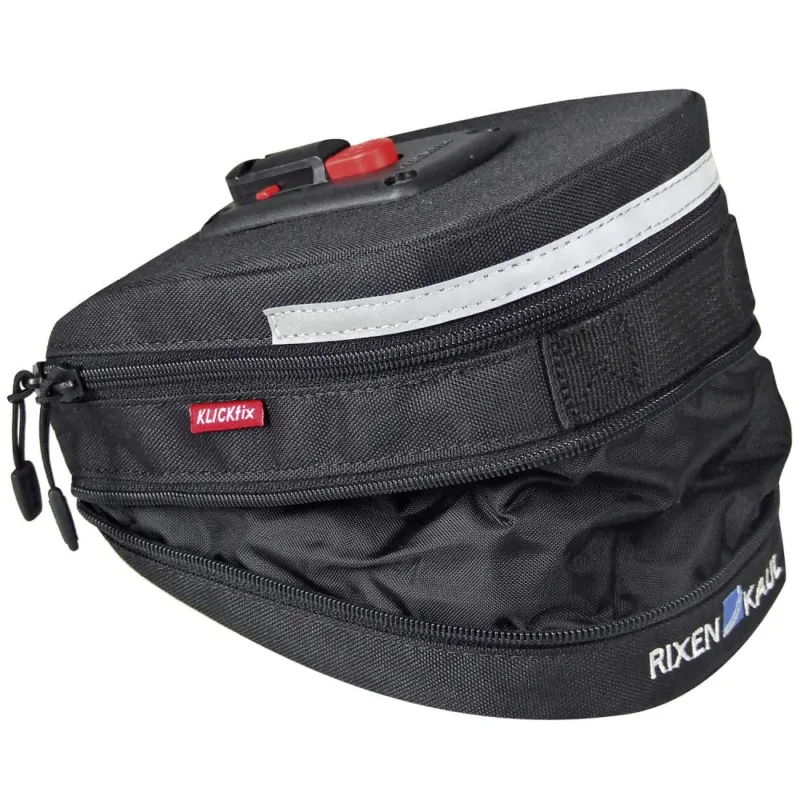 Kostenloser Rückversand KLICKfix Satteltasche Micro 200 Expandable, schwarz, 1,5-2 Liter, 16×19×12 cm, inkl. Satteladapter, wasserdicht, Reflektor