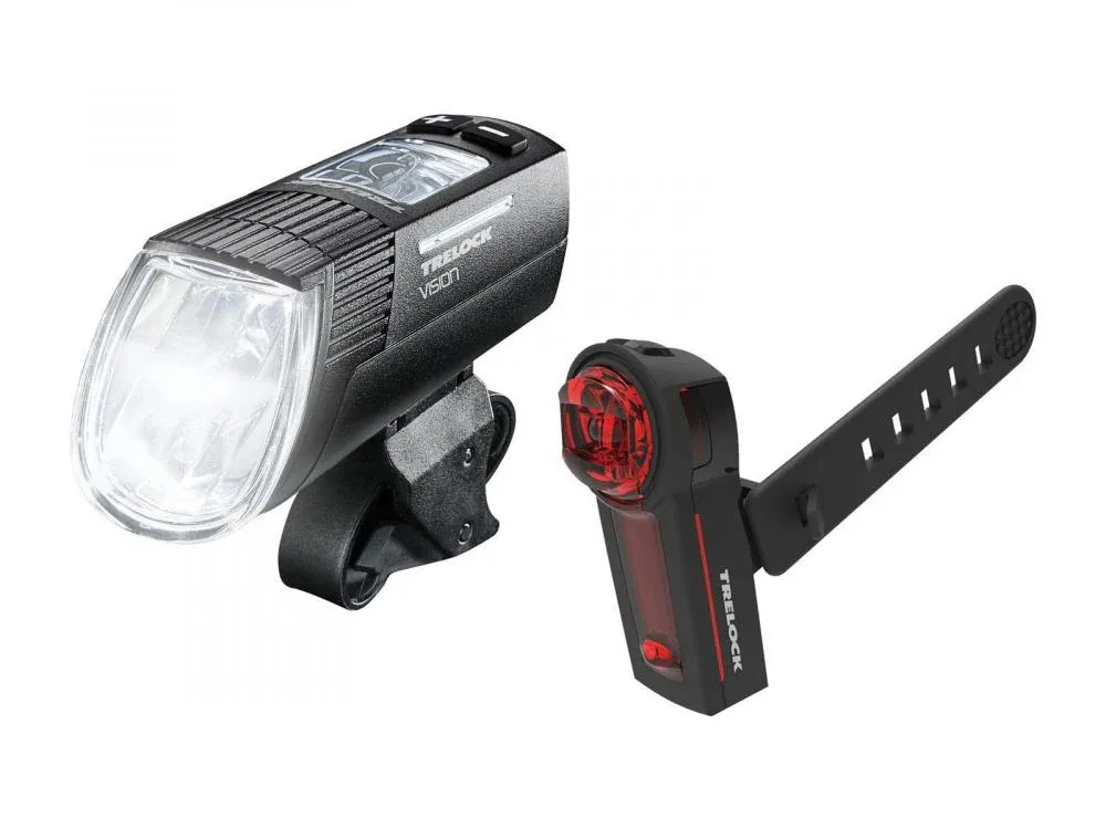 Trelock Licht-Set LS 760 I-Go Vision und LS 740 Vector Signal 100 Lux StVZO USB Frontleuchte Rücklicht mit Bremslicht schwarz - Fahrradbeleuchtungsset Mega-Angebot
