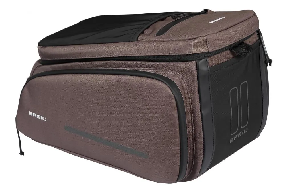 Aktuell Basil Move Gepäckträgertasche 10-26 Liter Braun - recyceltes Polyester, MIK-Befestigung, erweiterbar, reflektierend