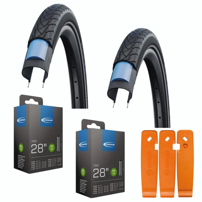 Expressversand Schwalbe 2 x Reifen Drahtreifen MARATHON PLUS 28x1.50 Zoll 40-622 Reflex E-50 2 x Schwalbe Schlauch AV17 28x1.10-1.75 Zoll 28/47-622/635 28 Zoll AV 40mm 1 x SKS Reifenheber Set orange 1 Set 3 Reifenheber