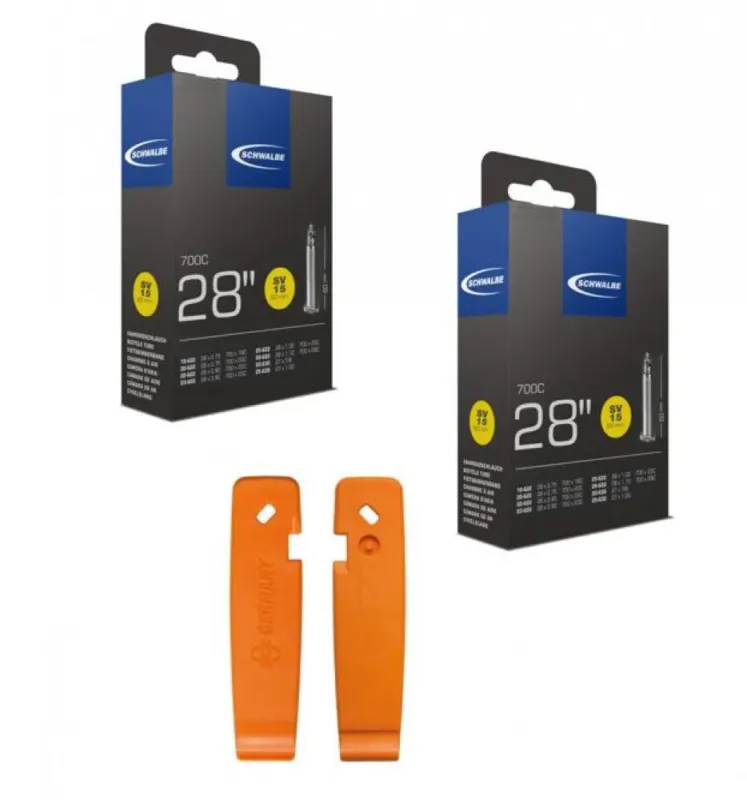 Schwalbe 2x Schlauch SV15 extra lang 28x0.75-1.10" 60mm 1x SKS Reifenheber-Set orange Top-Seller