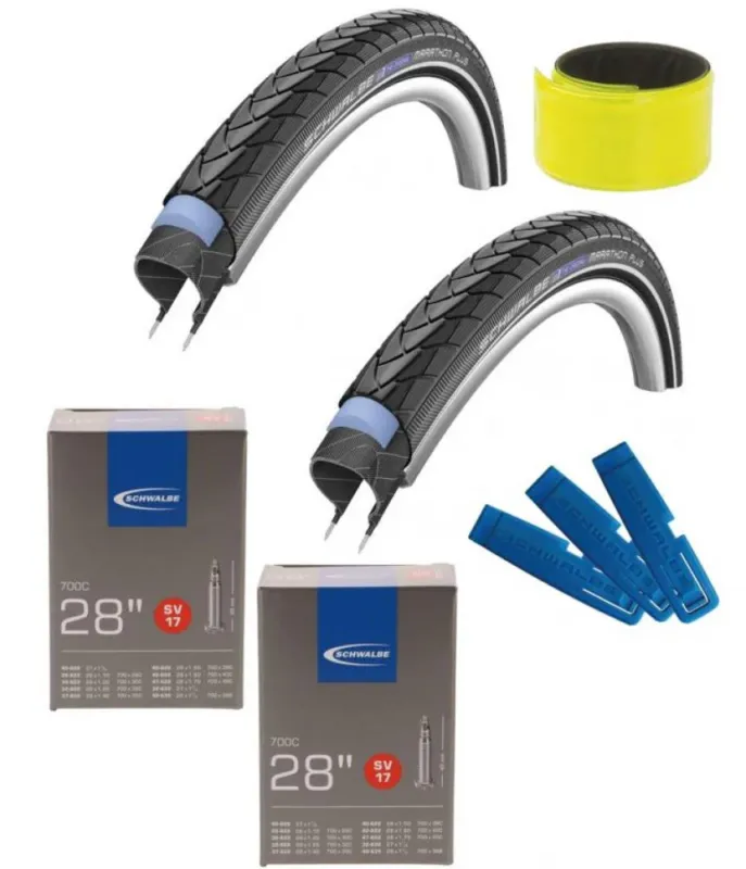 Zertifiziert Schwalbe MARATHON PLUS 28x1.40 + 2x SV17 Schlauch + Reifenheber + Reflexband