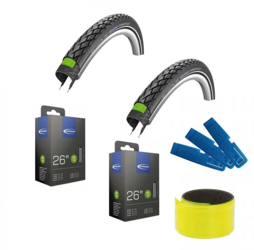 2x Schwalbe Drahtreifen MARATHON 26x1.75 + 2x AV13 + 1x Reifenheber + 1x Reflexband Finale Aktion