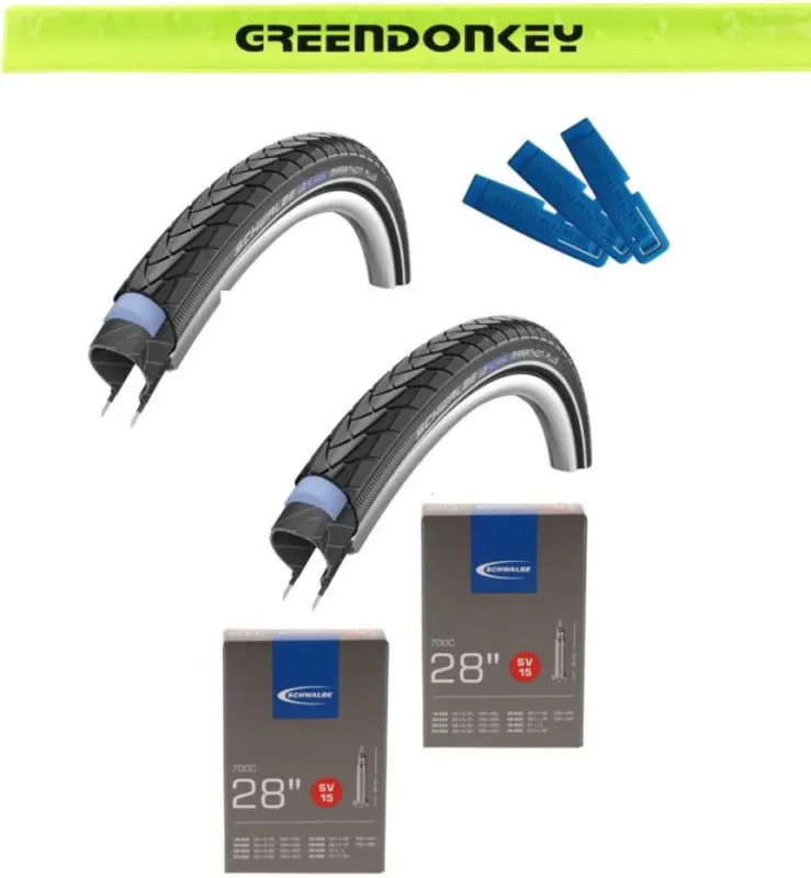2x Schwalbe Marathon Plus HS440 28x1.10 + 2x Schlauch SV15 + 1x Reifenheber + 1x Reflexband Geprüft