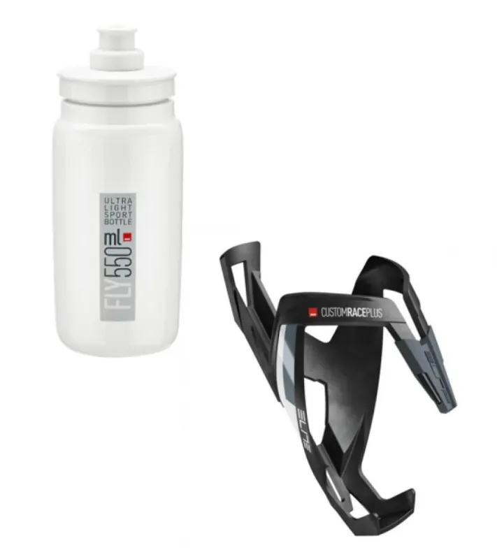 1x Elite Trinkflaschenhalter CustomRacePlus mattschwarz/weiß inkl. 1x Elite Trinkflasche, FLY weiß g Markenware